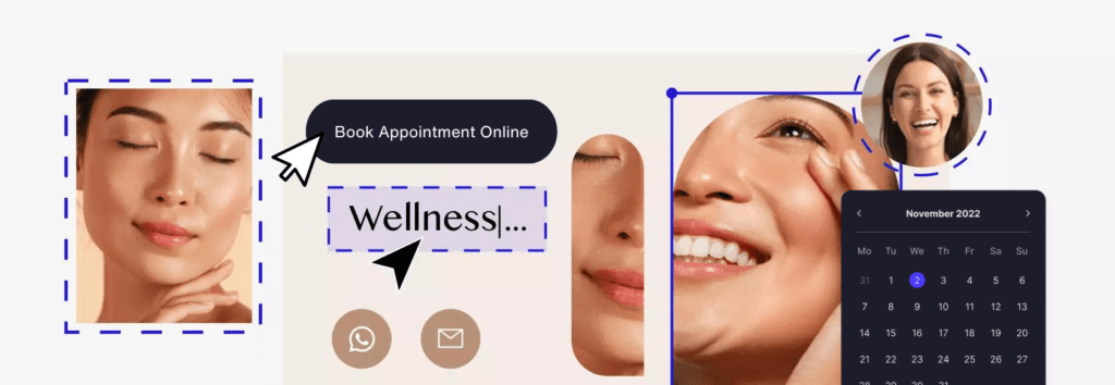 A woman's face is displayed on a screen as part of a website design.