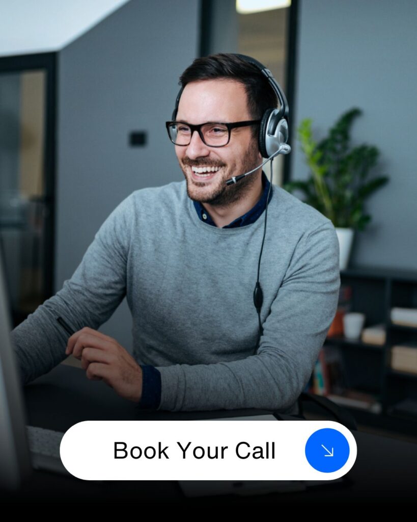 A man in a headset on a computer with the marketing menu, and the text "book your call.