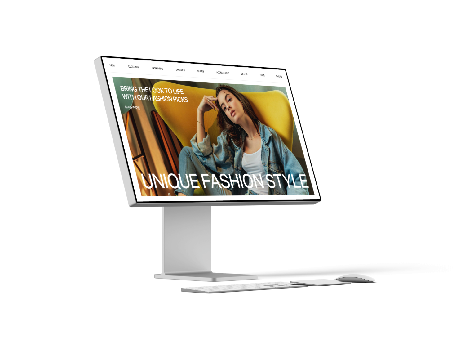 Desktop computer displaying an e-commerce fashion website with an image of a young woman in stylish clothes, the headline reads "unique fashion style.