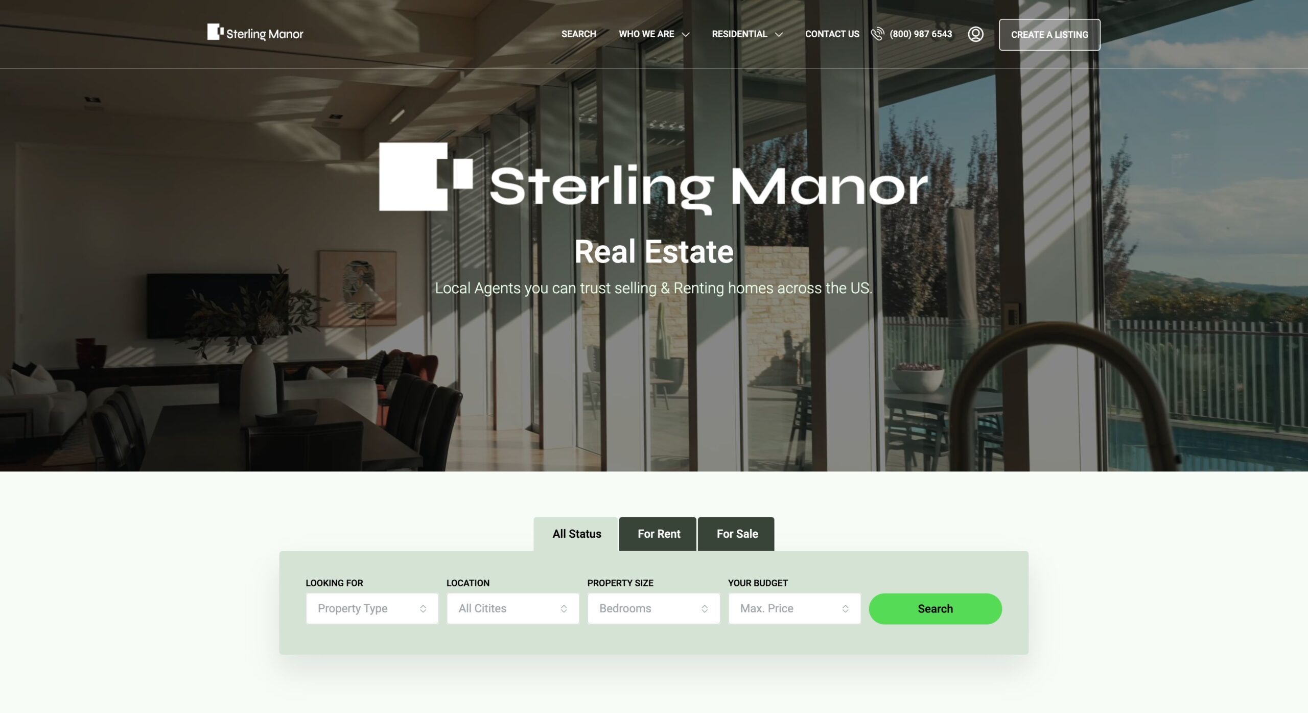 Real estate portfolio website homepage featuring a search panel over an image of a stylish interior with a view.
