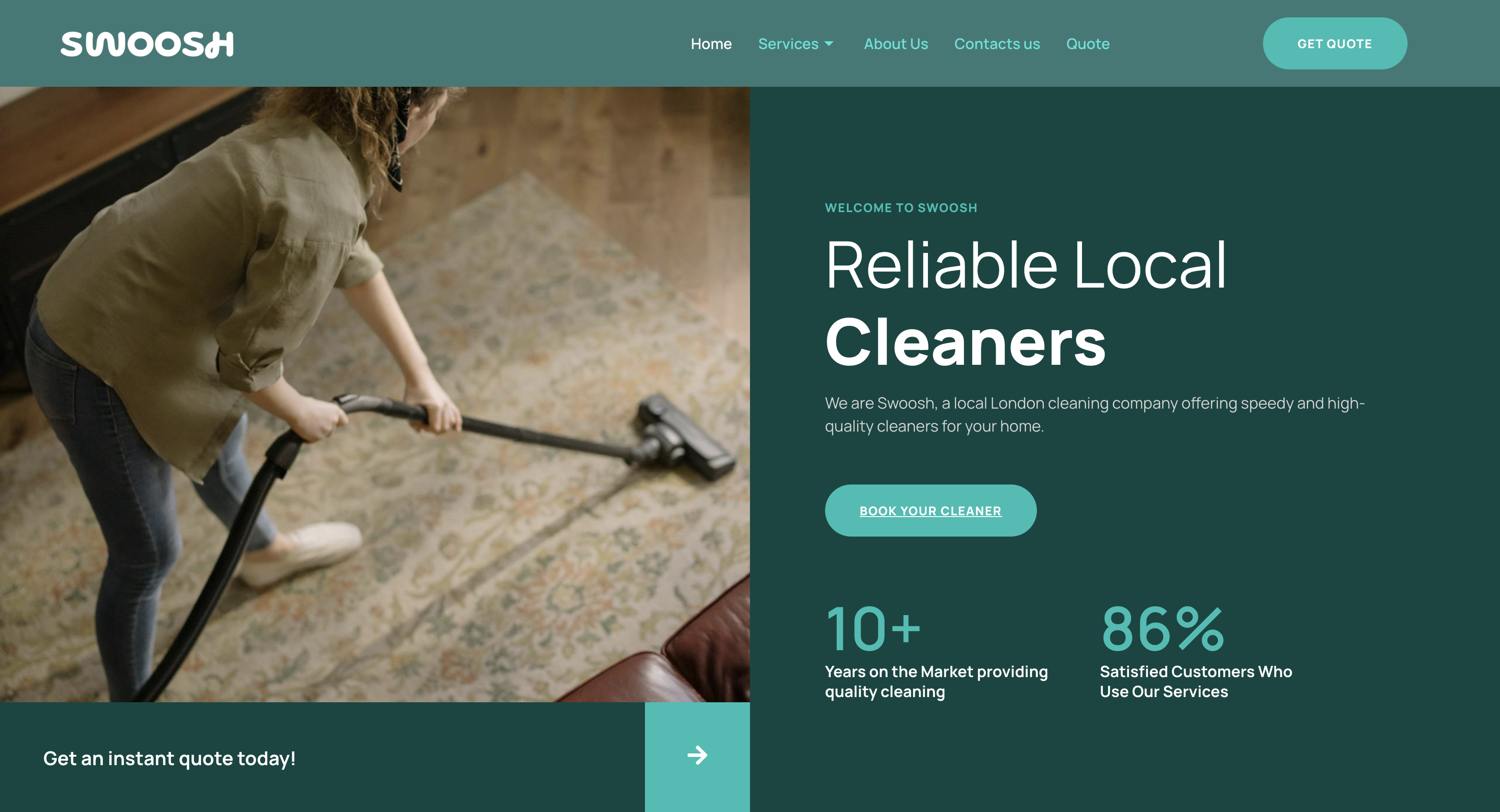 Woman vacuuming a carpet in a clean and modern home interior, showcased on a portfolio page.