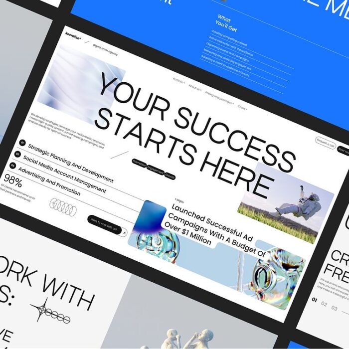 A collection of overlapping white and blue marketing slides with the prominent text "YOUR SUCCESS STARTS HERE" and various smaller sections discussing small business marketing strategies and successful campaigns.