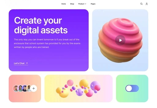 A vibrant ecommerce website homepage with a purple main section displaying "Create your digital assets" and control panels below it, including profile icons, abstract shapes, and a toggle switch.