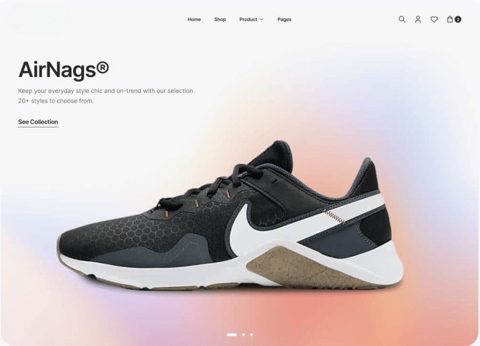 An athletic shoe with a hexagonal-patterned black upper, white accents, and a beige and white sole is showcased against a gradient background on an Ecommerce site featuring AirNags® brand sneakers.