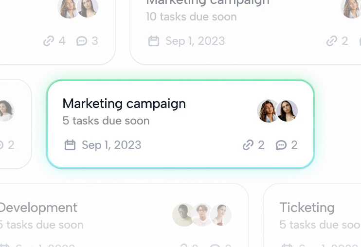 A task management interface displays a highlighted "Marketing campaign" task card with 5 tasks due soon, 2 assignees, and a due date of Sep 1, 2023. Partially visible are other task cards, including a significant one for the upcoming Ecommerce project.