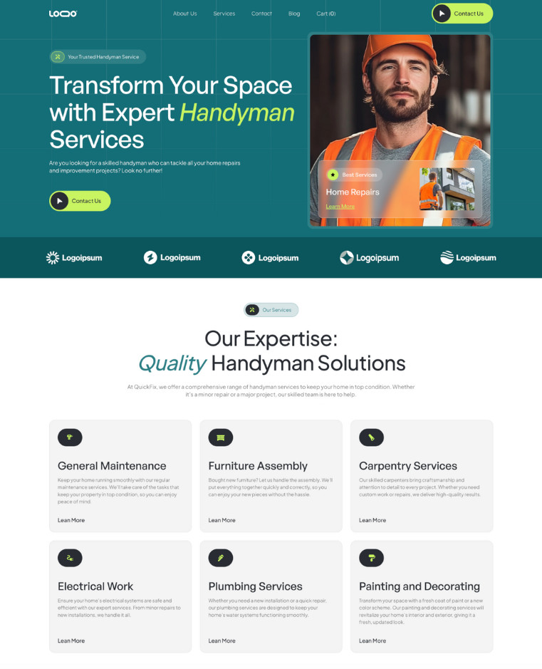 Website homepage for handyman services featuring a hero image of a worker in an orange vest, menu items at the top, service descriptions in six categories, and a green theme with contact buttons.