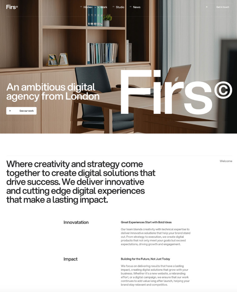 Screenshot of a digital agency's website showing the header with menu options and the agency's tagline. Below, text describes their focus on creativity, strategy, innovation, and impactful digital experiences.