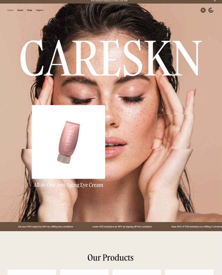 A woman with wet hair holds her hands near her face. The text "CARE SKN" is displayed prominently, along with a product image of an "All-in-One Anti-Aging Eye Cream" near her face.