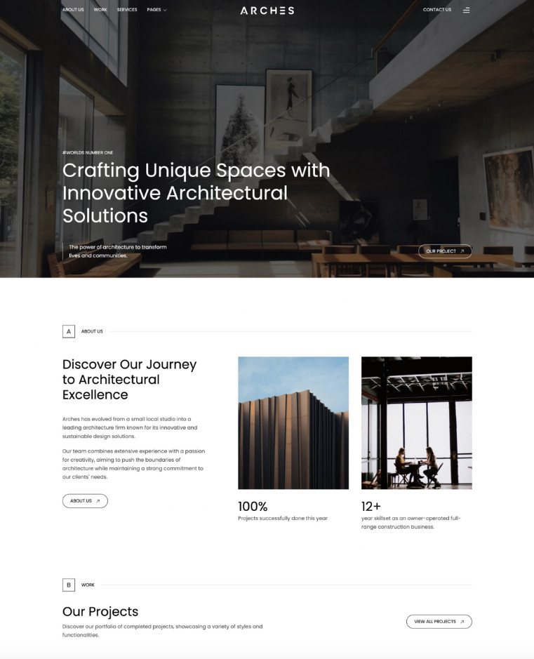 Screenshot of a website template for an architectural firm named Arches. The homepage features a header, a tagline about unique architectural solutions, and sections highlighting their journey, achievement, and projects.