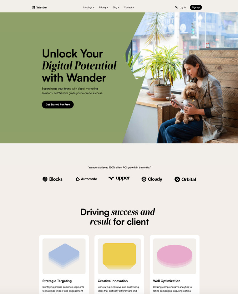 A woman sits on a bench holding a dog while looking at her phone. The text reads, "Unlock Your Digital Potential with Wander." Below, there are sections highlighting various features and client success.