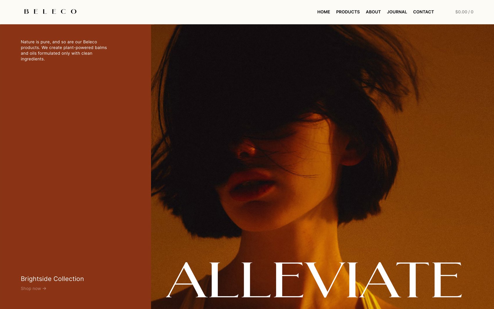 A person with short, dark hair partly covering their face is pictured against a brown background. The text reads "Brightside Collection - Alleviate," with sections for Home, Products, About, Journal, and Contact—all seamlessly integrated into our WooCommerce e-commerce platform.