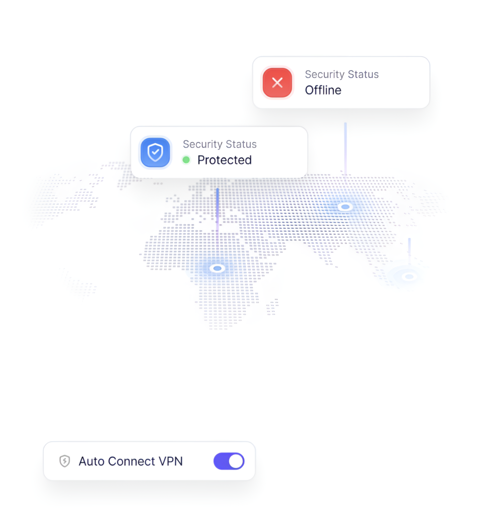 Digital world map with security status indicators; "Protected" and "Offline" labels are shown on different regions. Perfect for ecommerce platforms with a toggle for "Auto Connect VPN" switched on at the bottom, ensuring secure transactions across various markets.