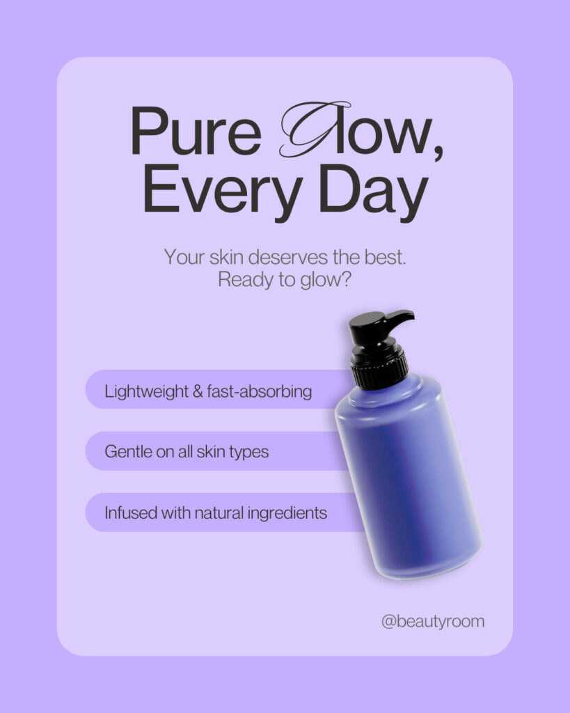 A purple pump bottle is displayed on a lavender background with Ecommerce text promoting lightweight, gentle, and natural skincare from @beautyroom.