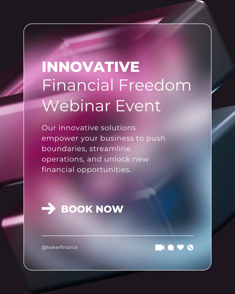 Promotional graphic for an "Innovative Financial Freedom Webinar Event" focused on ecommerce success, featuring a description and a "Book Now" call-to-action button.