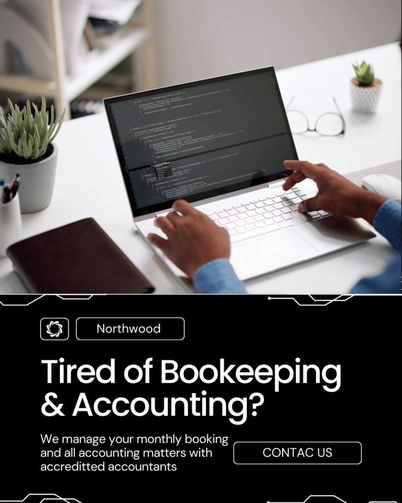 A person types code on a laptop at a desk with plants and glasses; a business ad offers ecommerce bookkeeping and accounting management services with a contact button.