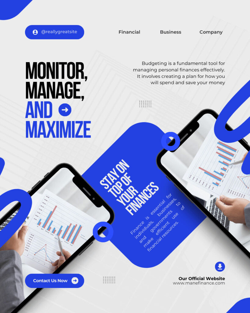 Two smartphone screens display financial charts and graphs, surrounded by text promoting personal finance management, budgeting, ecommerce savings, and maximizing finances.