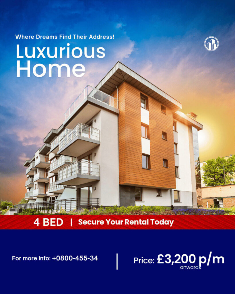 Modern multi-story apartment building with balconies, promotional banner for a 4-bedroom rental home at £3,200 per month. Ideal for professionals in Ecommerce. Contact number provided for more information.