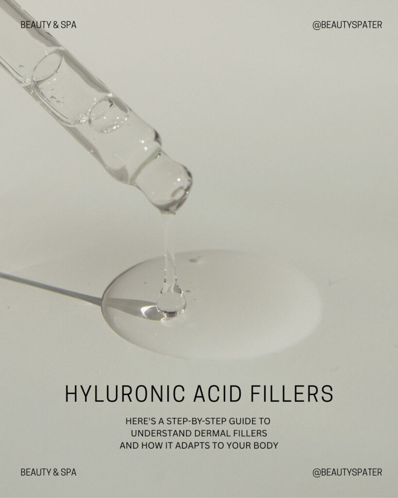 A glass dropper dispensing clear hyaluronic acid serum onto a smooth surface, with text about an ecommerce guide to hyaluronic acid fillers.
